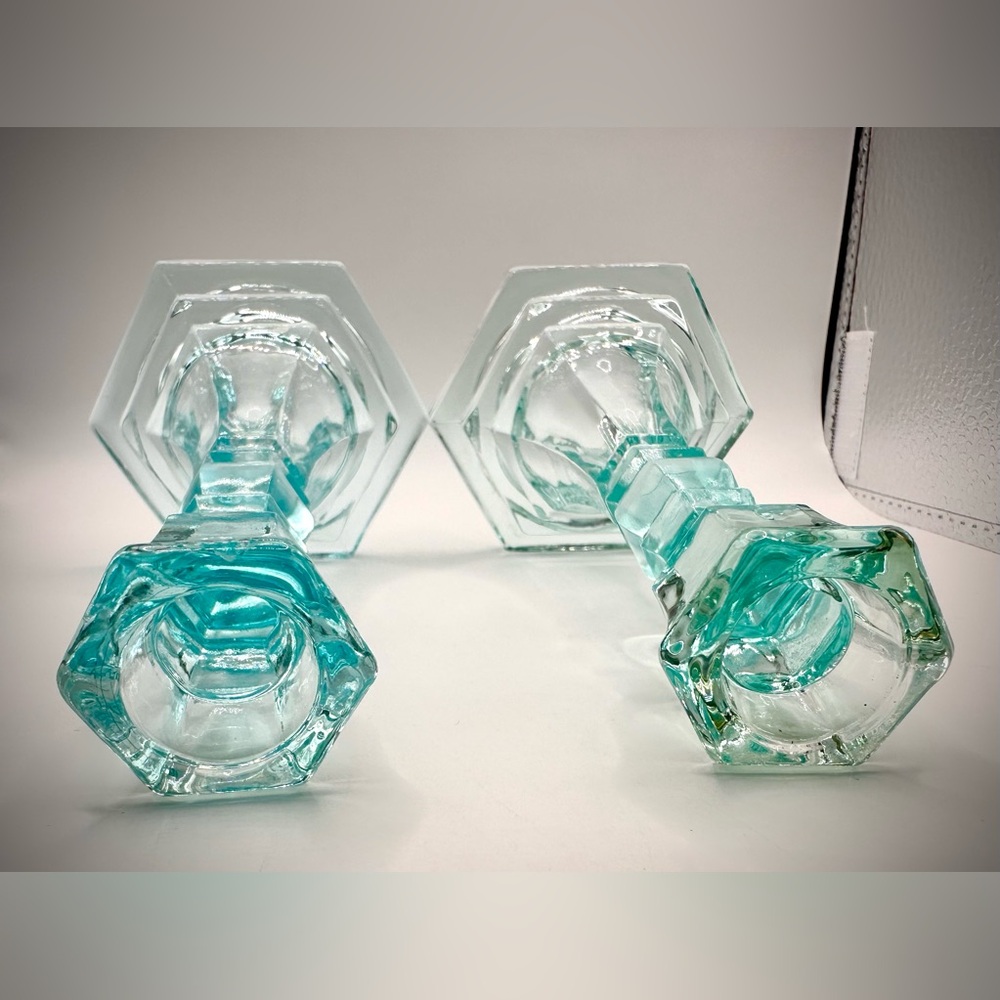 Antique/Vintage Pair Ice Blue Art Deco Glass Candlesticks Holders-Approx 6.5" - Picture 2 of 4